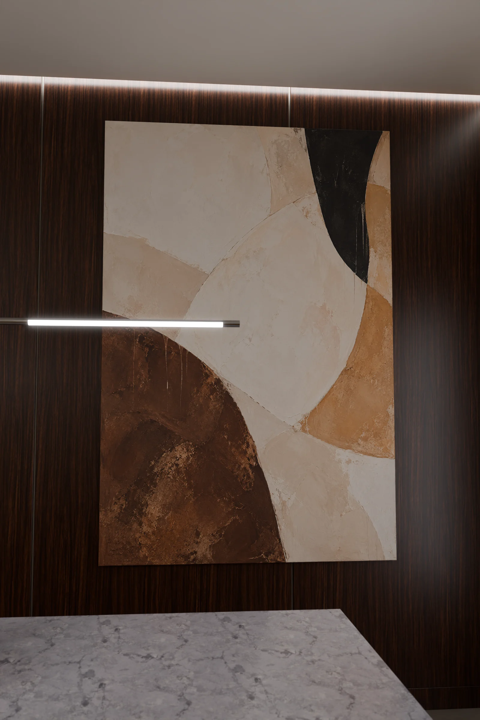 The large painting above the dining table