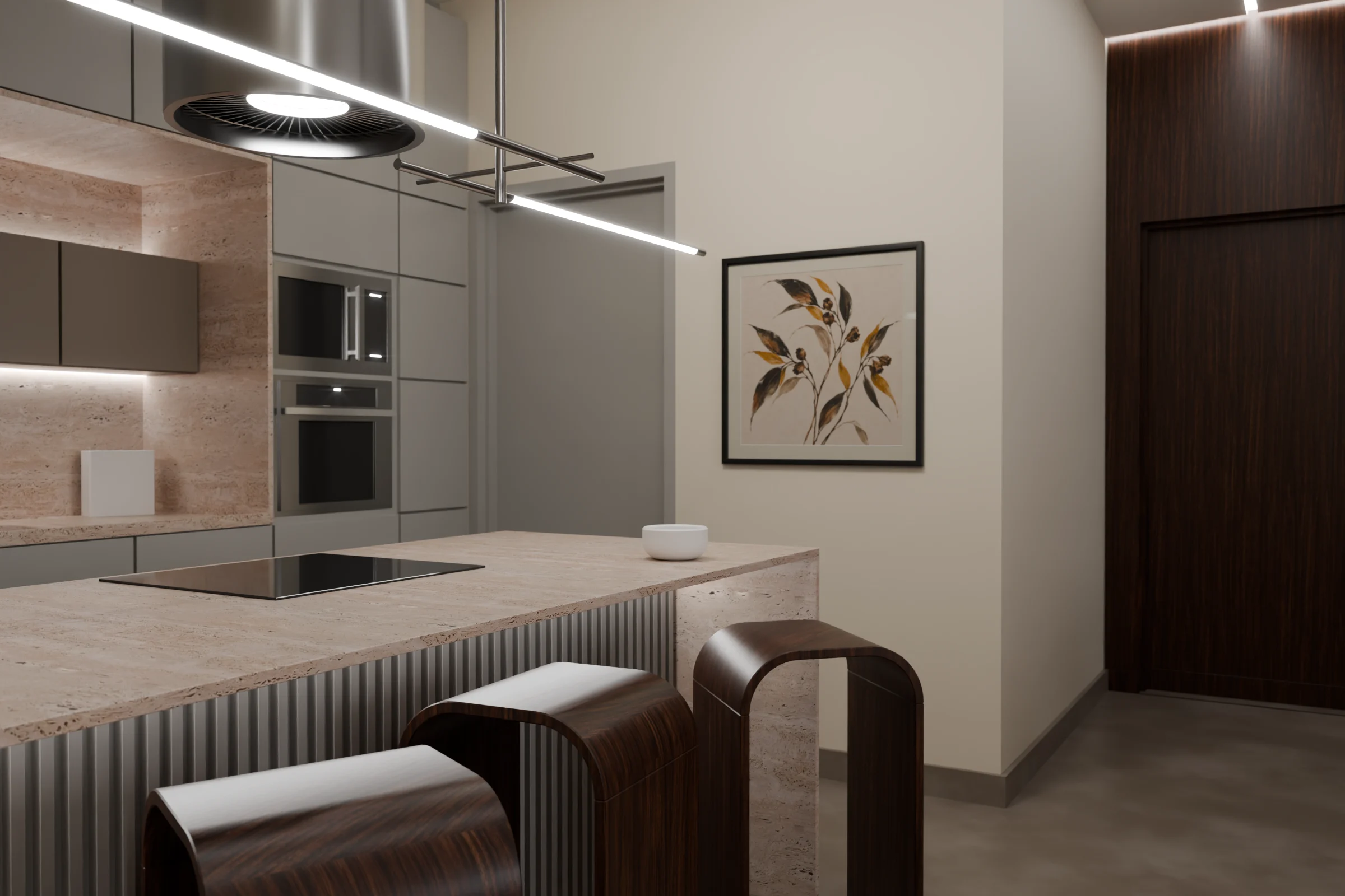Kitchen with a travertine island, walnut stools and a framed eucalyptus print