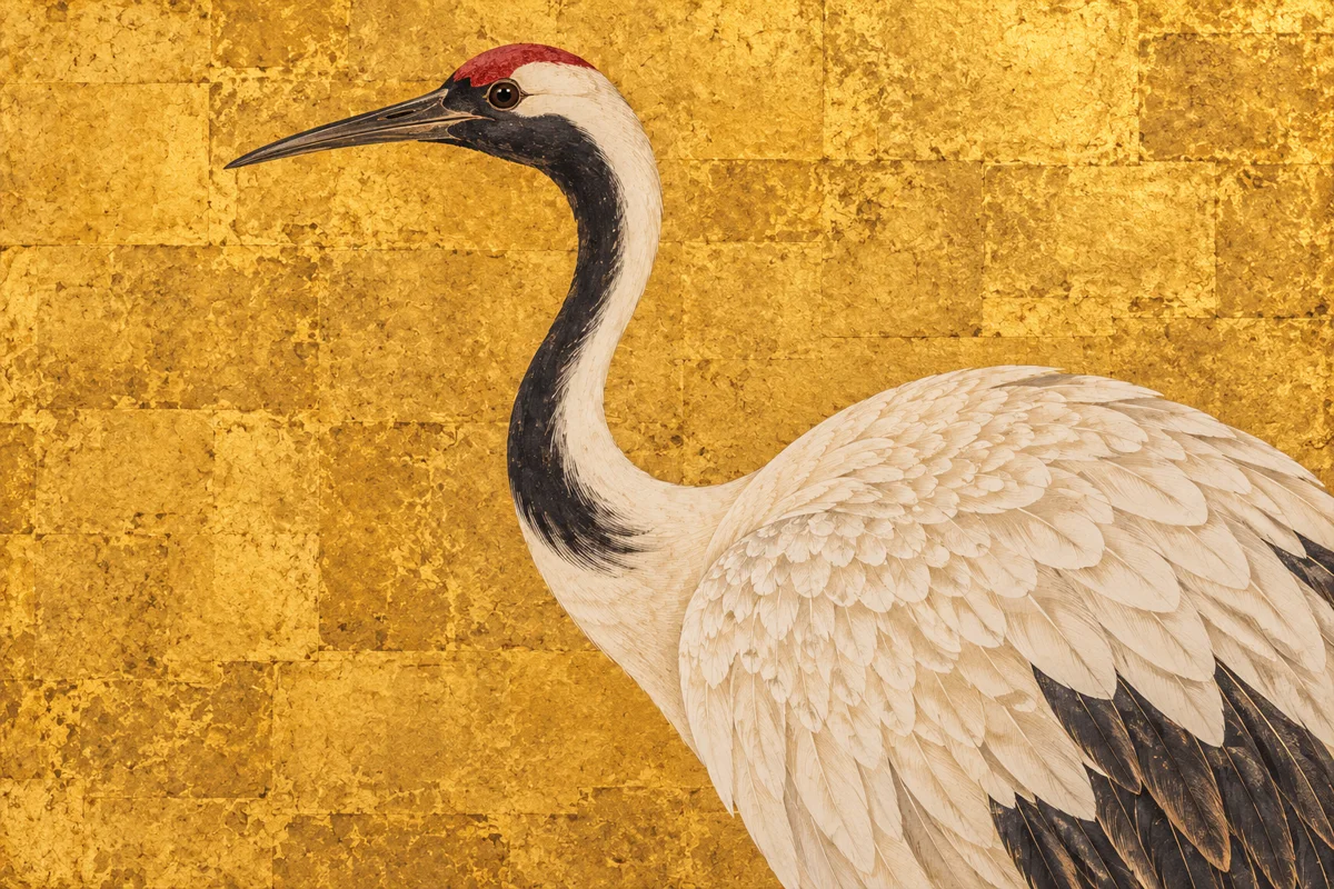 Crane artwork on gold leaf